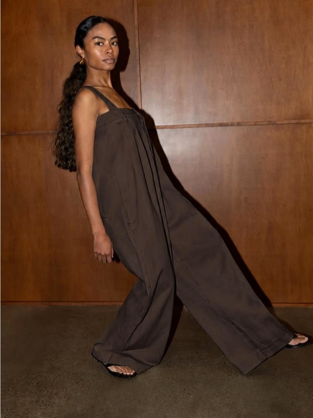OAK + FORT One Size Brown Wide Leg Overall Jumpsuit Minimalist Utility